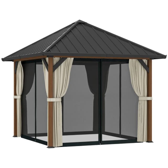 Outsunny 3 x 3(m) Metal Hardtop Gazebo with Netting and Curtains, Walnut Dark Brown