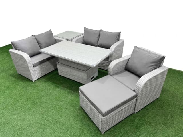 Fimous High Back Poly Rattan Garden Furniture Set with Adjustable Lifting Dining or Coffee Table Indoor Outdoor Patio Set Big Stool Side Table