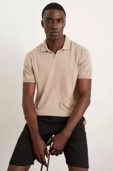 Slim Fit Stone Short Sleeve Knitted Polo