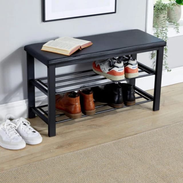 Home Source Metal Shoe Bench with Storage Shelf Black