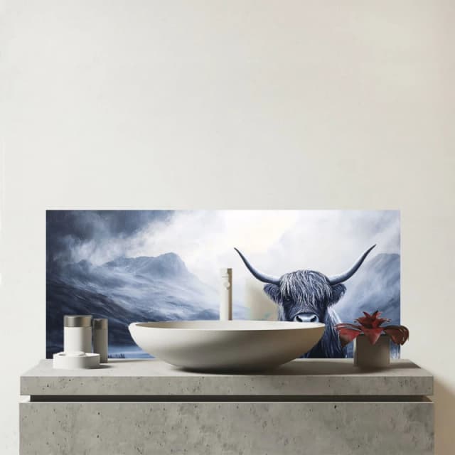 Warren Reed - Designer Highland Cow On A Dark Night Glass Bathroom Splashback in Black Unisex