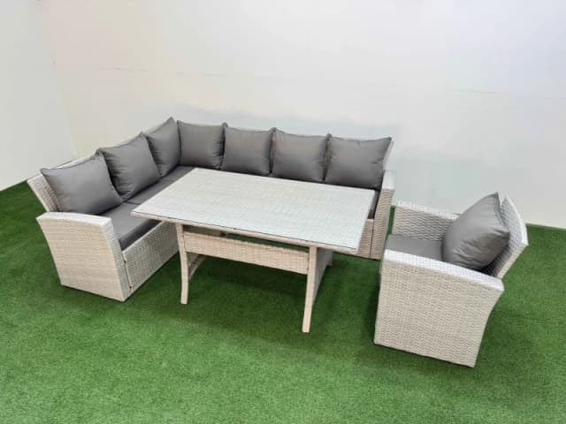 Fimous 7 Seater Rattan Garden Furniture Set with Dining Table Chair in Light Grey Light Grey Unisex