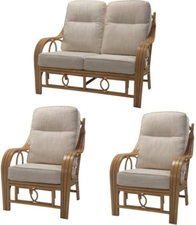 Desser Madrid Light Oak Natural Rattan 2 Seater Sofa & 2 Armchairs Indoor Real Cane Conservatory Suite W/ UK Sewn Jasper Cushions