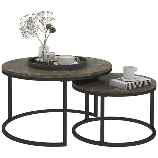 HOMCOM 2 Pcs Stacking Coffee Table Set Steel Frame Marble-effect Top Foot Pads 833-873V80GY