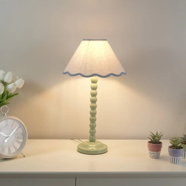 ValueLights Bobbins Sage Green Table Lamp with Tapered Natural Linen Scallop Shade Blue