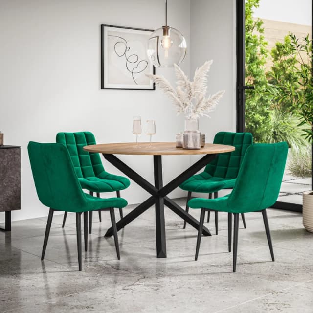 More4Homes Malvern Round Dining Table And Chairs - Oak Table Top W Solid Black Oak Legs + Nova Velvet Dining Chair Set Of 4 (Green)