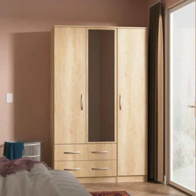 Hampshire Triple 2 Drawer Mirrored Wardrobe In Nebraska Oak (Ready Assembled)