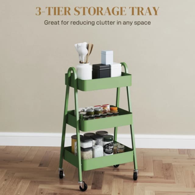 HOMCOM HOMCOM 3-Tier Storage Trolley on Wheels with Handles for Living Room, Kitchen in Green Green One Size Unisex 5063603577404