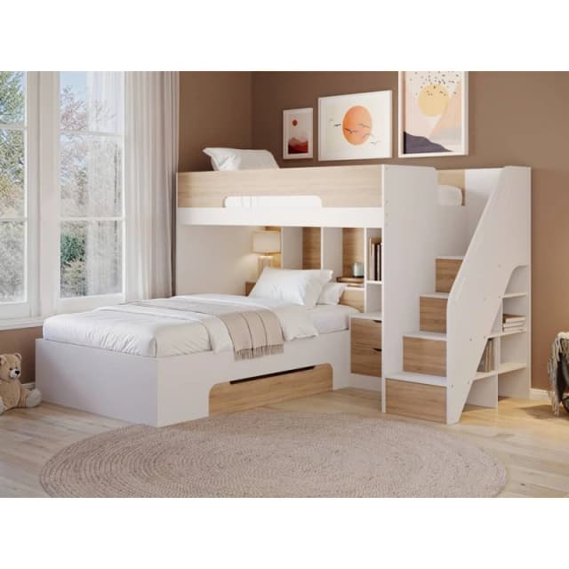 Flair Greyson Staircase Triple Bunk Bed with Storage in Light Oak Size: Small Double Light Oak Unisex Small Double