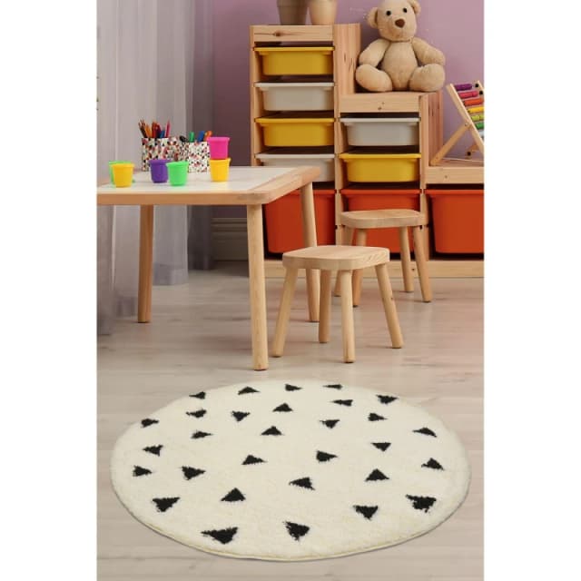 Snug Triangles Monochrome Round Rug -100cm White
