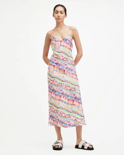 AllSaints Bryony Rainbow Print Midi Slip Dress