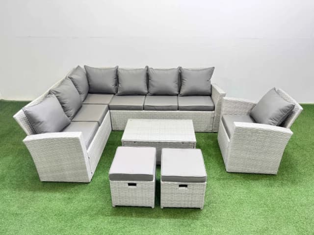 Fimous 9 Seater Garden Outdoor PE Rattan Furniture Set with 2 Small Stools in Light Grey Light Grey Unisex