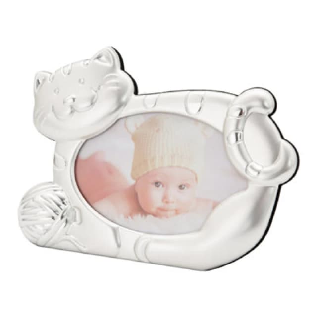 Happy Homewares Fun Smiling Cat Themed Satin Silver Picture Frame With String Ball