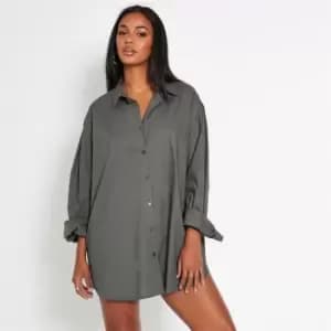 I Saw It First Cotton Poplin Exaggerated Sleeve Shirt Dress - Grey