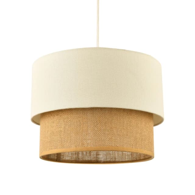 Happy Homewares Modern Designer Two Tier Cream Linen & Natural Rattan Pendant Shade in Brown Brown Unisex