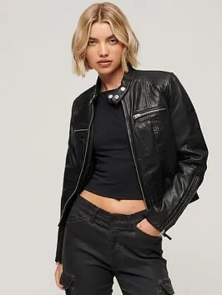 Superdry Fitted Leather Racer Jacket - Black