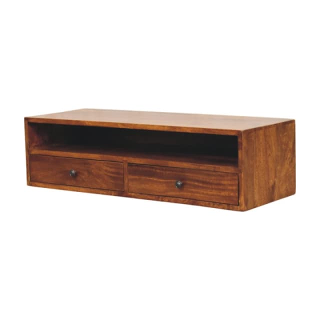 Artisan Furniture Artisan Furniture Solid Wood Lunar Chestnut Wall Mounted Media Unit, 2 Drawers and Open Shelf, Dark Brown