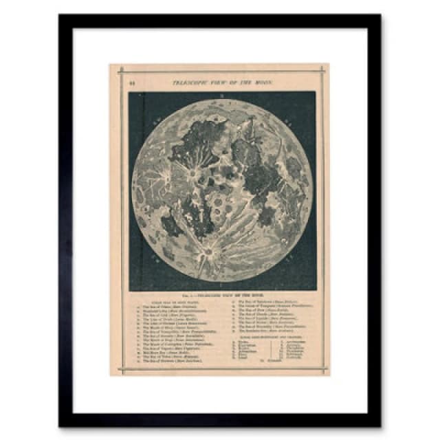 Artery8 Map Illustrated Antique Telescopic Moon 12X16" Framed Wall Art Print