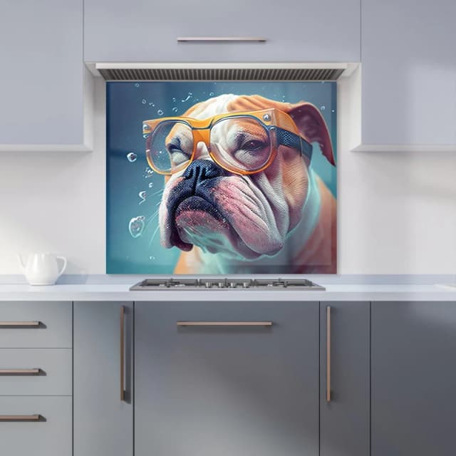 Warren Reed - Designer Bulldog With Glasses Splashart Kitchen Splashback in Brown Size: 600mm x 750mm Brown Unisex 600mm x 750mm