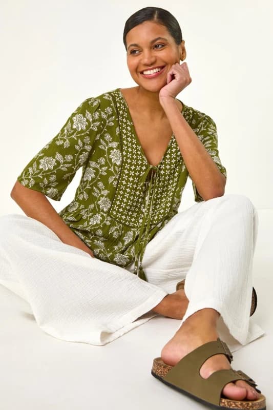 Roman Womens Floral Print Tassel Tunic Top in Olive Size: 12 Olive Female 12