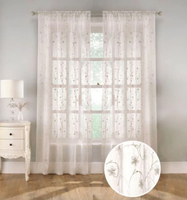 Tyrone Textiles Embroidered Voile Panel with Floral Pattern on Linen-Look Fabric - Pair Cream