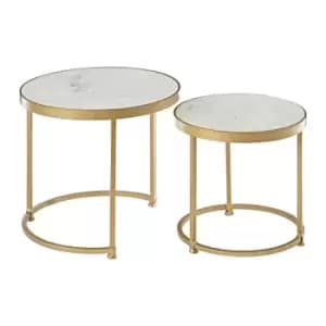 Set of 2 White Marble Nest Tables with Gold Finish