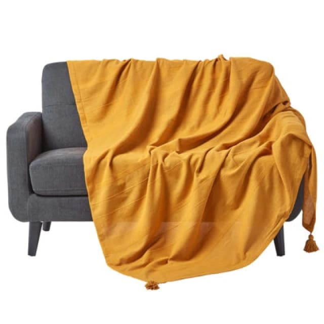 Homescapes Cotton Rajput Ribbed Mustard Throw, 225 X 255Cm