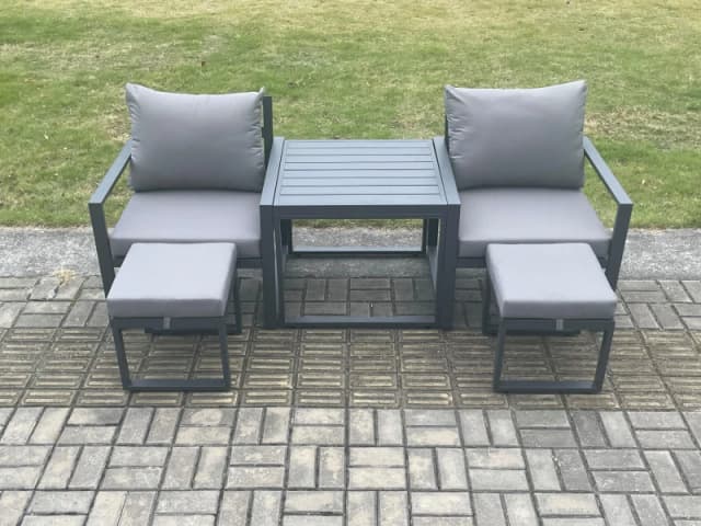 Fimous Aluminium 5 Pieces Garden Furniture Sofa Set Chair & 2 Small Footstool with Table Including Cushions Dark Grey Dark Grey Unisex