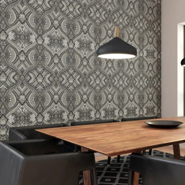 Hoopla Walls Ogee Damask Matt Wallpaper Black
