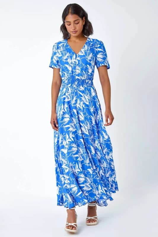 Roman Floral Print Button Detail Maxi Dress Royal