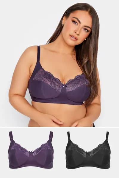 Yours 2 Pack Cotton Lace Trim Non-Padded Bras Purple