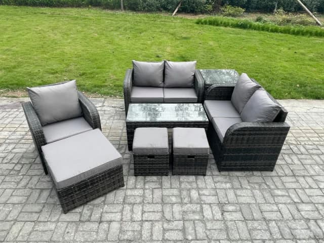 Fimous 8 Seater Rattan Outdoor Garden Furniture Sofa Set Patio Table & Chairs Set with Side Table 3 Footstools Dark Grey Mixed Dark Grey