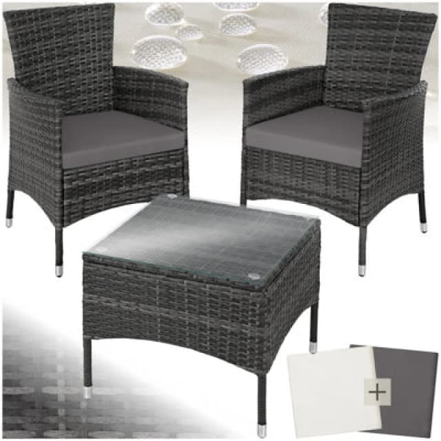 Tectake Garden Furniture Set Lucerne - 2 Armchairs, Coffee Table, Two Sets Of Cushion Covers - Grey
