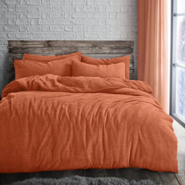 Velosso Teddy Fleece Duvet Cover & Pillowcase Set - Button Enclosure, Machine Washable Bedroom Essentials - Rust