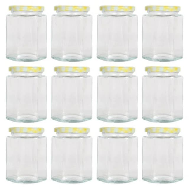 Argon Tableware Hexagonal Glass Jam Jars With Yellow Gingham Lids - 250ml - Pack Of 12