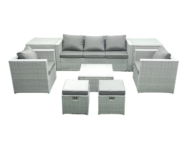 Fimous 7 Seater Rattan Garden Furniture Set with 3 Seater Sofa 2 Chair Square Coffee Table 2 Small Footstools 2 Side Tables Light Grey Mixed Light Gre