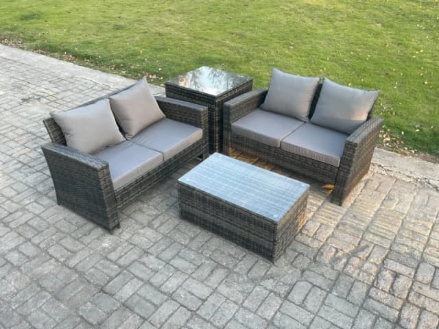 Fimous Wicker Rattan Garden Furniture Sofa Set with Rectangular Coffee Table Double Seat Sofa Side Table Outdoor Rattan Set in Dark Grey Dark Grey Uni