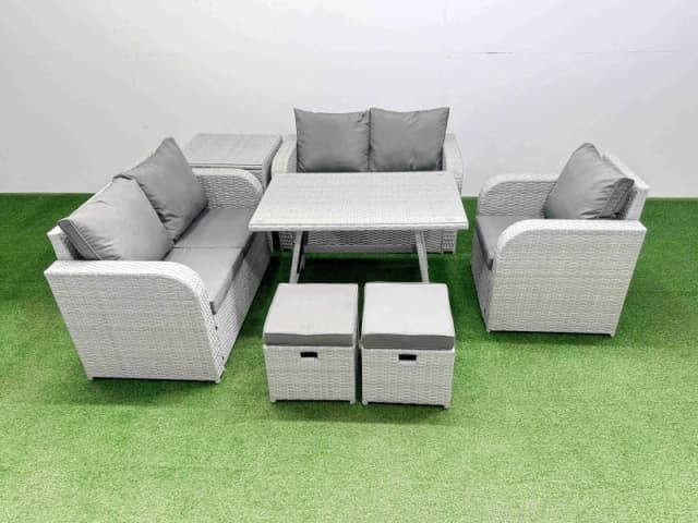 Fimous 7 Seater Rattan Garden Furniture Set Love Sofa Reclining Chair Sets in Light Grey Light Grey Unisex