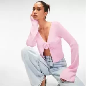 Missguided Rib Rosette Detail Flare Sleeve Knit Cardigan - Pink
