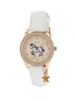 Tikkers Tikkers Gold Unicorn Sunray Crystal Set Dial With Star Charm And White Leather Strap Kids Watch