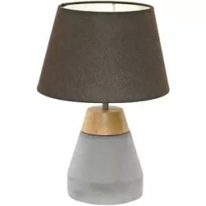 Table Lamp Base Brown Wood & Grey Concrete Shade Brown Fabric Bulb E27 1x60W