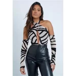 I Saw It First Gold Velvet Mesh Halterneck Cut Out Long Sleeve Bodysuit - Metallics