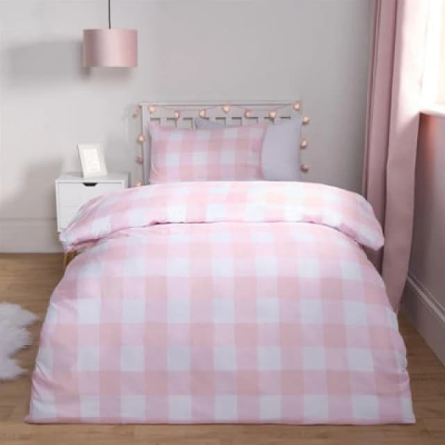 OHS OHS Gingham Duvet Cover Bedding Quilt Pillowcase Set Check Reversible in Pink Size: Single Pink Single Unisex 5027434189922