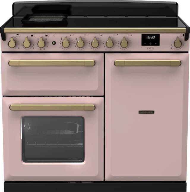 Rangemaster Estel Deluxe ESDL100EIPPPK/AB1 100cm Electric Range Cooker with Induction Hob - Pale Pink / Antique Brass - A/A Rated