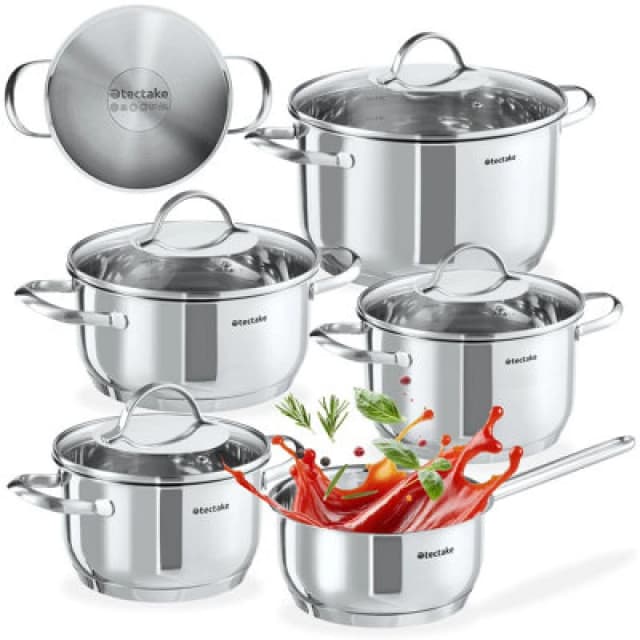 Tectake Pot And Pan Set Bologna Xl, 9 Pieces In Induction Safe Stainless Steel - Silver