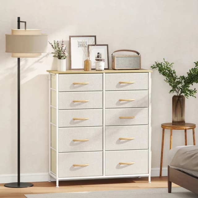 HOMCOM HOMCOM Chest of Drawers with Fabric Drawers Dresser for Bedroom in Beige Size: Medium Beige M Unisex 5063603283503