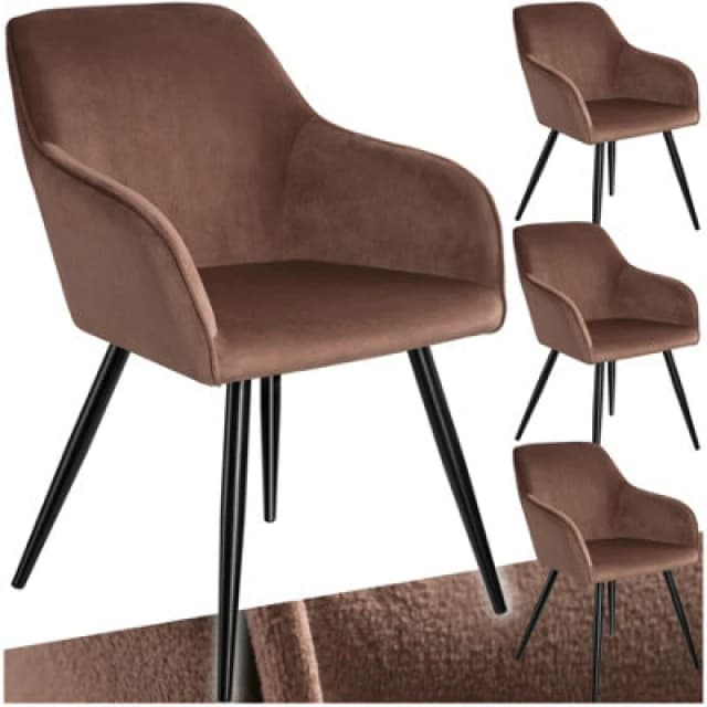 Tectake Set Of 4 Dining Chair Marilyn - With Armrests, Padded, Velvet Look, Black Steel Legs - Brown/black
