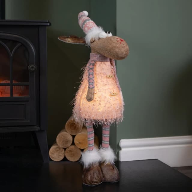 50cm Battery Warm White Light Up Standing Christmas Reindeer with Pink and Grey Hat