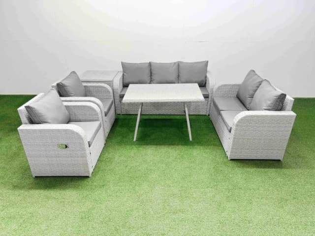 Fimous Outdoor Rectangular Table Sofa Set with Reclining Chair Side Table in Light Grey Light Grey Unisex