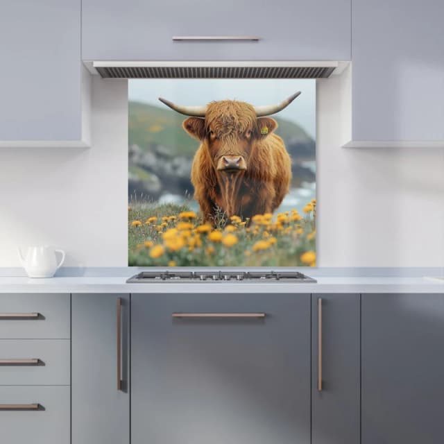 Warren Reed - Designer Highland Cow By The Coast Kitchen Splashback in Brown Size: 600mm x 600mm Brown Unisex 600mm x 600mm